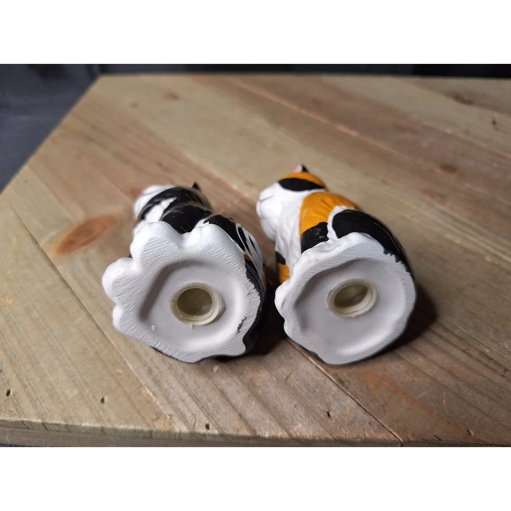 Tuxedo and Calico Cat Ceramic Salt and Pepper Shakers Set Black White Orange